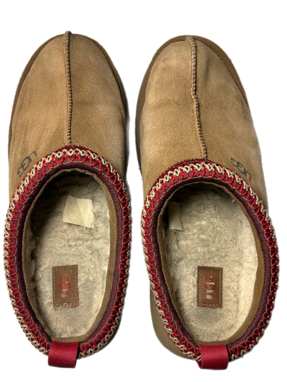 UGG Women's Tan Suede Slip-On Shearling-Lined Platforms with Red Trim